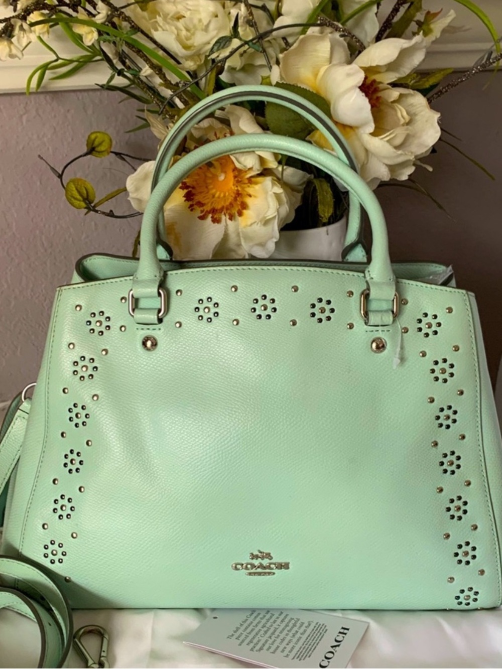 COACH SEA-GLASS MARGOT STUDDED
EMBELLISHED LEATHER  SATCHEL - Picture 14 of 14